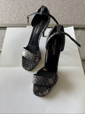 Saint Laurent Black and Silver Snakeskin Ankle-Strap Heels